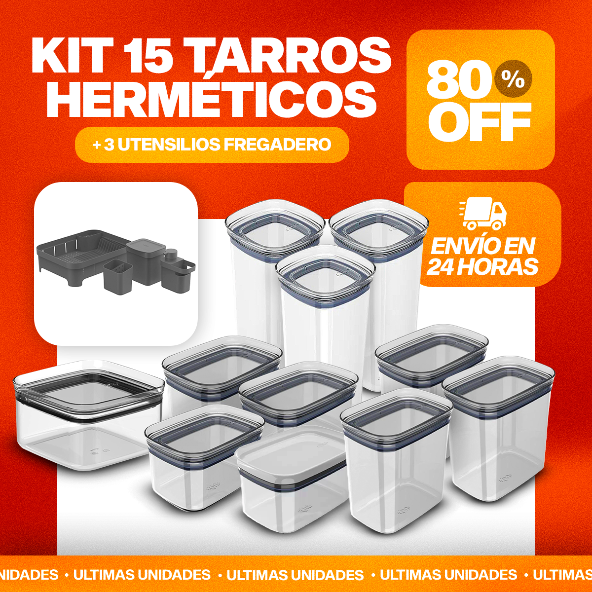 Kit de 15 Tarros Herméticos + 3 Utensilios de Fregadero