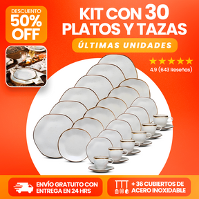 Kit con 30 Platos y Tazas + 36 Cubiertos de Acero Inoxidable (¡Últimas Unidades!)