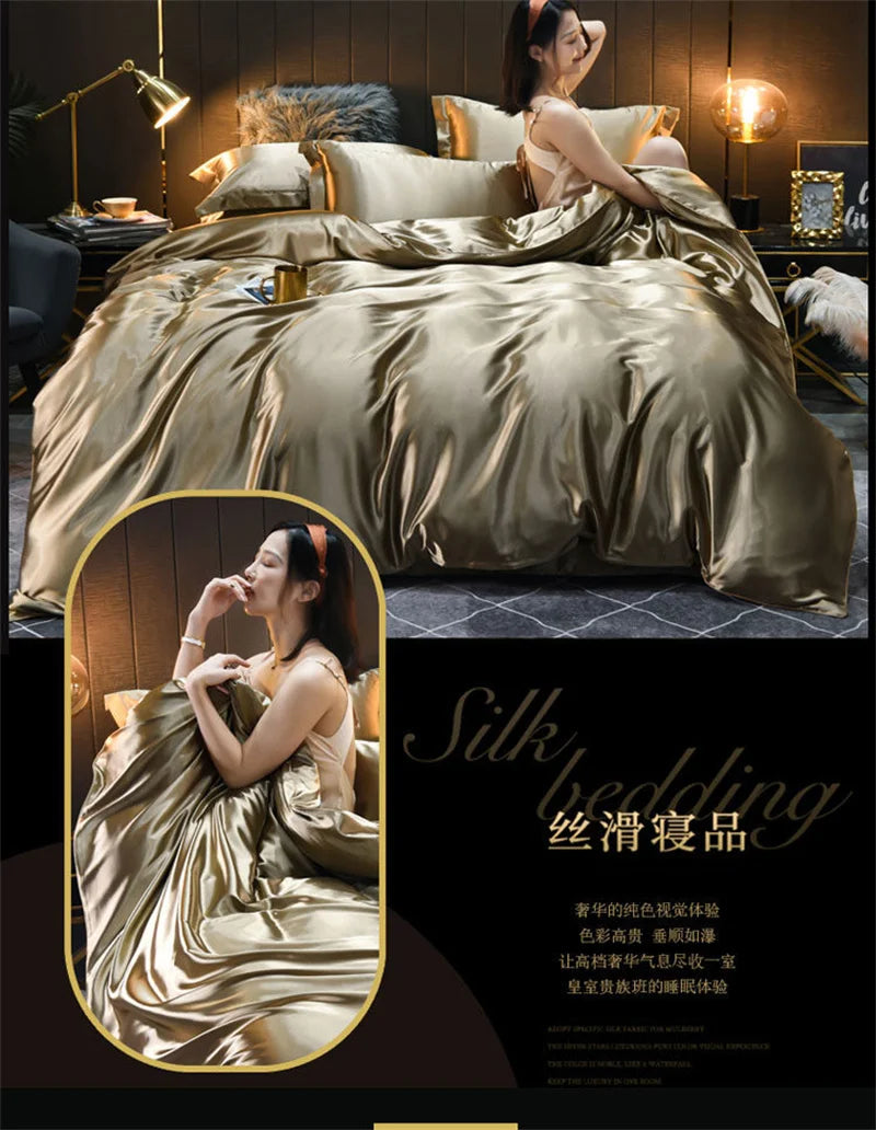 Luxury Blending Natural Mulberry Silk Bedding Set High End Satin Smooth Duvet Cover Set Double King Queen Size Bed Sheet Set