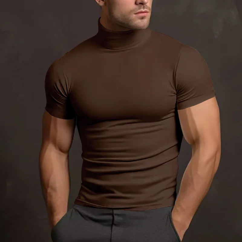 Camiseta de Cuello Alto Ajustada para Hombre - Verano 2024, Manga Corta, Color Sólido