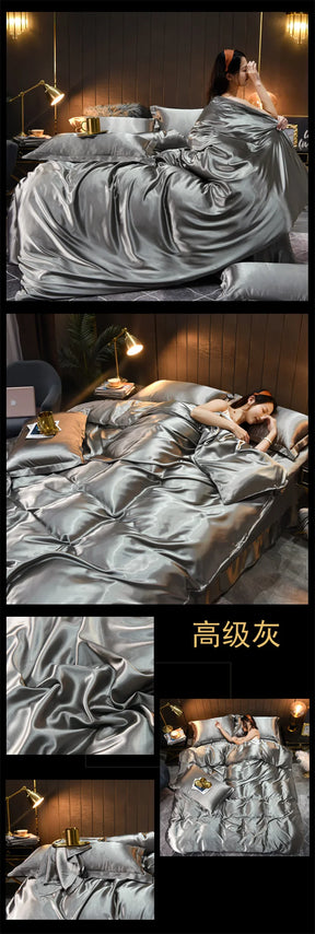 Luxury Blending Natural Mulberry Silk Bedding Set High End Satin Smooth Duvet Cover Set Double King Queen Size Bed Sheet Set