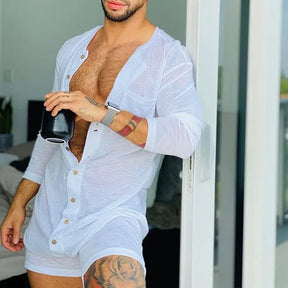 Pijama Sexy para Hombre 2023 - Enterizo de Una Pieza, Cuello Redondo, Manga Larga y Shorts